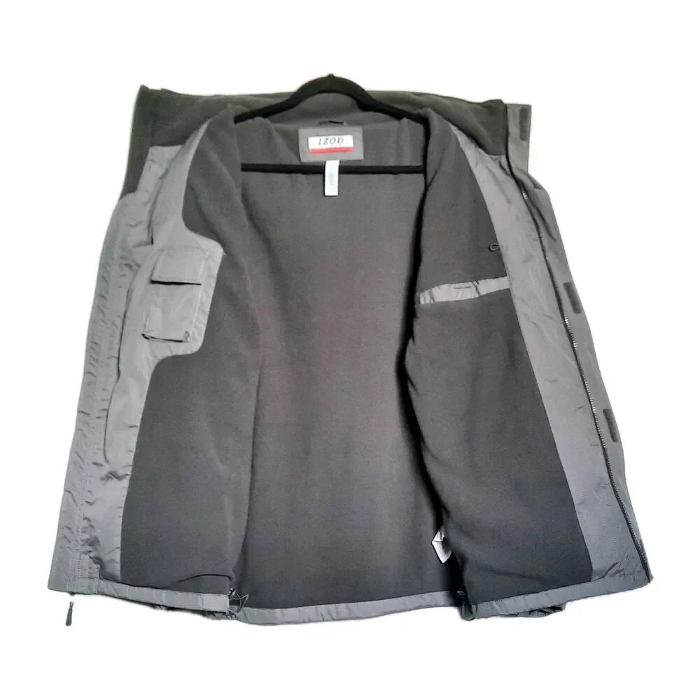 Izod Men Gray Performx Hooded Fleece Lined Jacket Front Side Zip Pockets Sz S